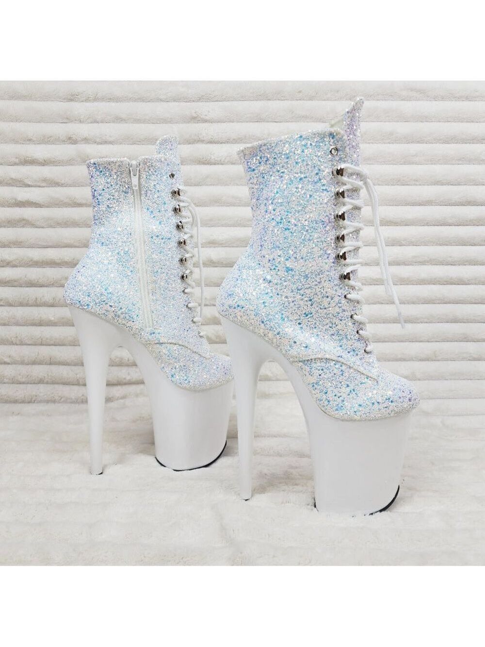 White Ice UV Glitter 8" Platform Heel Ankle Boots Flamingo - Picture 9 of 12